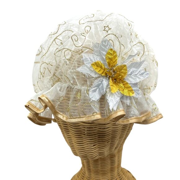 Shower Cap Vintage Mad Cap Bathing Cap Style Gold Detail Glitter Attached Flower - Picture 1 of 15